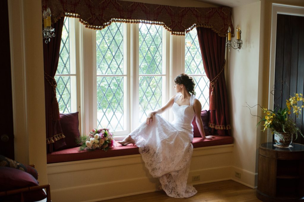 bride looking out window