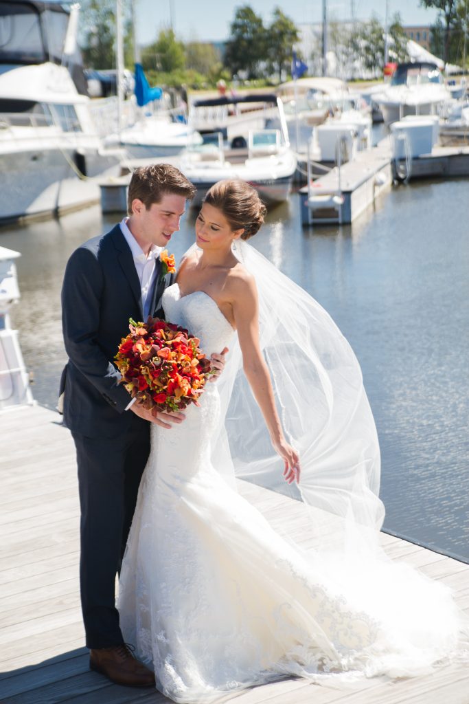 bride and groom first look at marina